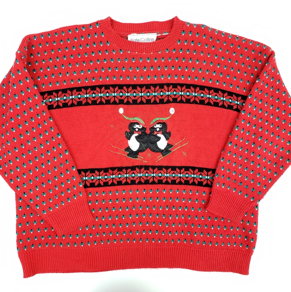 Vintage 80s Red Penguins Ugly Christmas Sweater XL